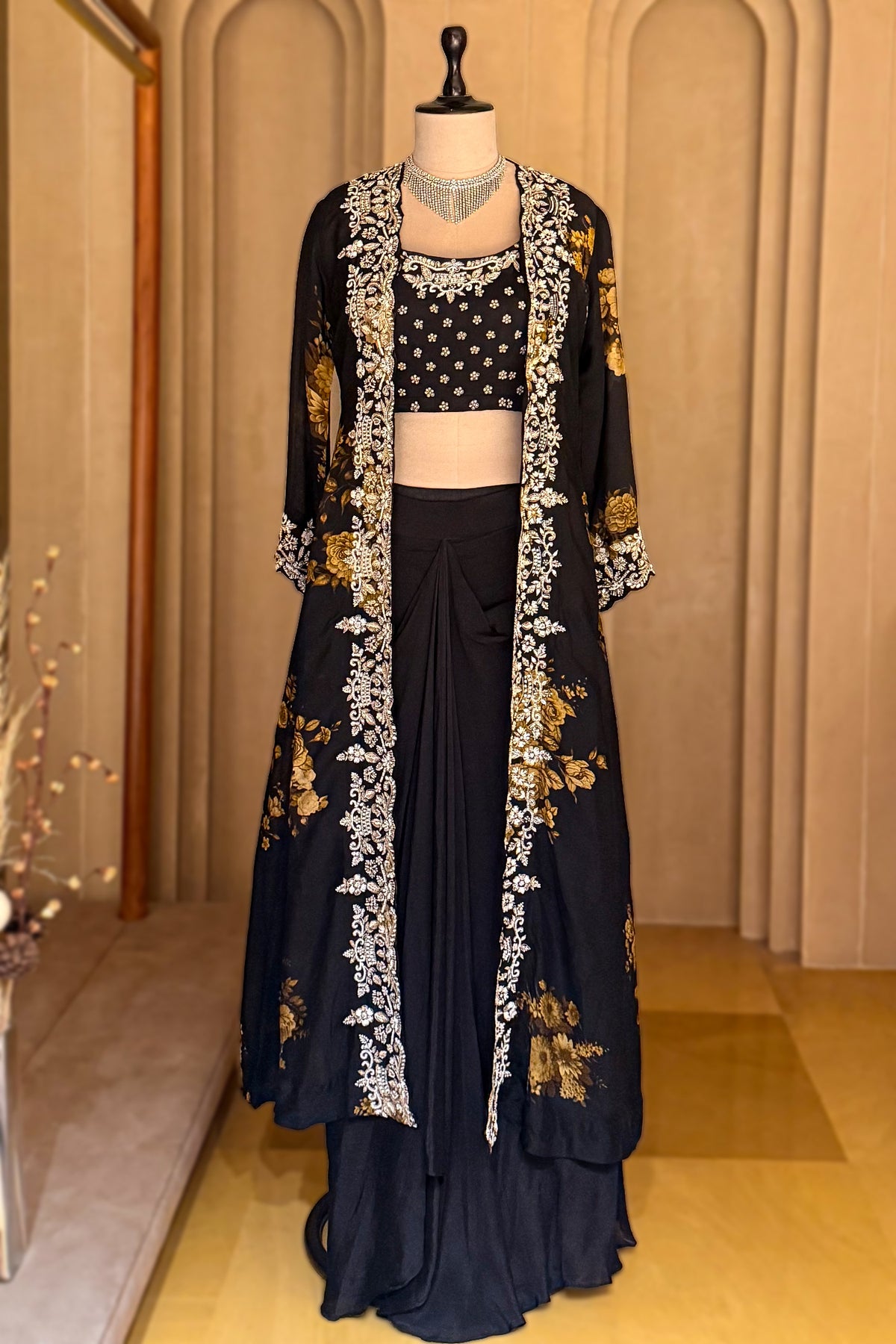 Black Chinon Chiffon Floral Printed Cape Set featuring a digital floral printed jacket