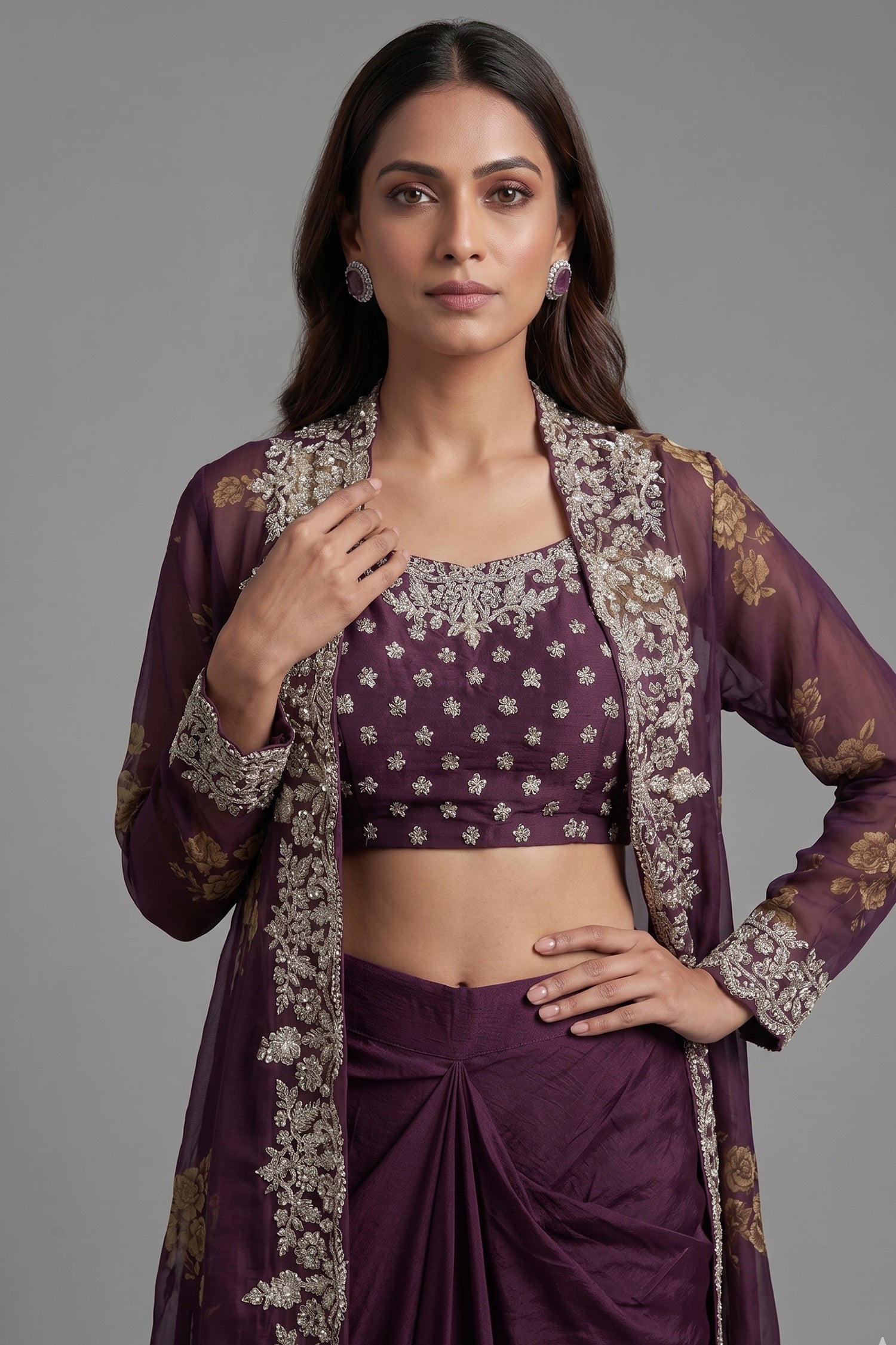 Wine Purple Chinon Chiffon Floral Printed Cape Set Secondary image