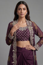 Close-up of beadwork and sequins on the Wine Purple Chinon Chiffon Floral Printed Cape Set