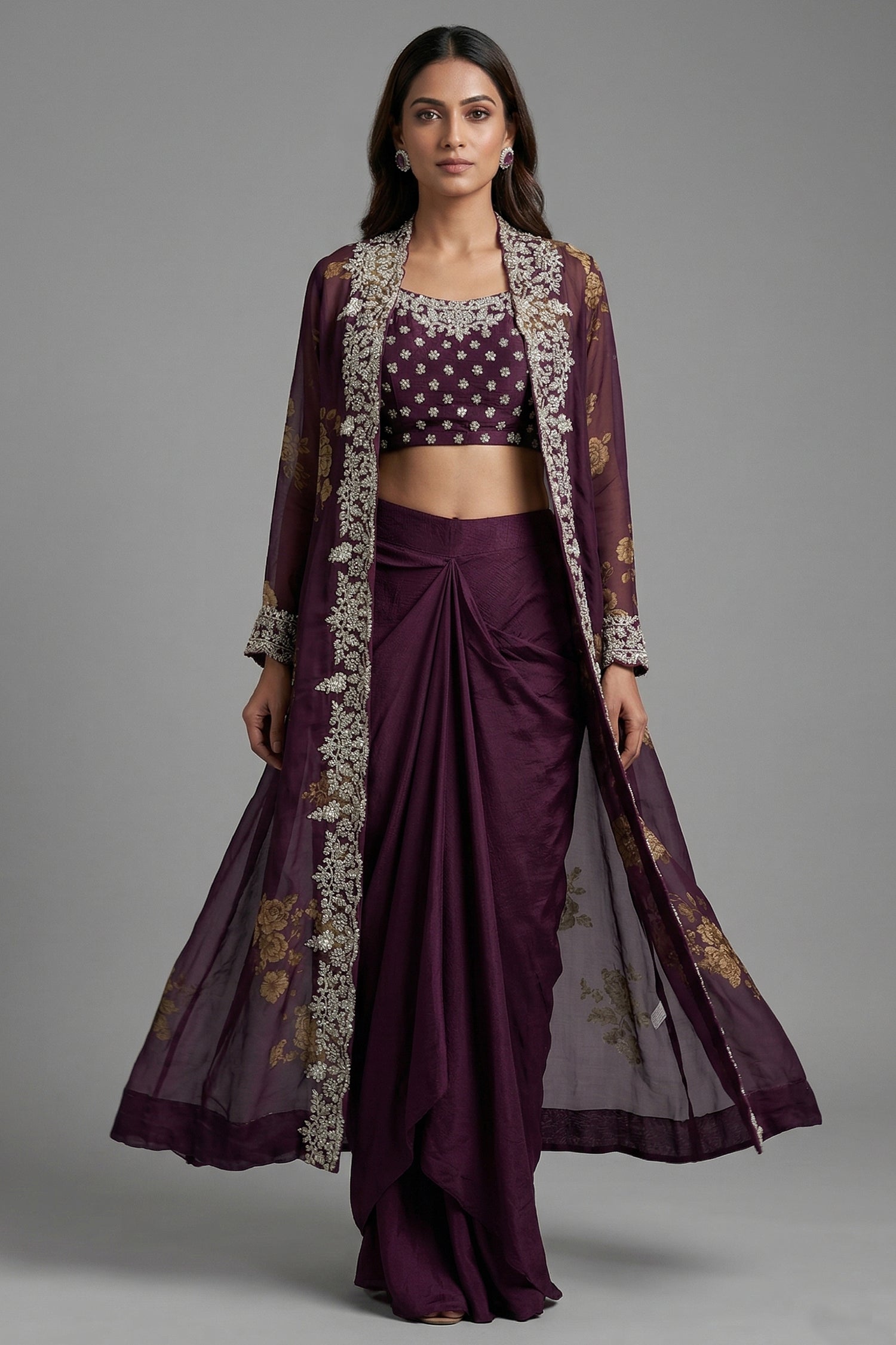 Wine Purple Chinon Chiffon Floral Printed Cape Set - Front View Main image