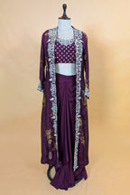 Wine Purple Chinon Chiffon Floral Printed Cape Set featuring a dramatic long-line jacket
