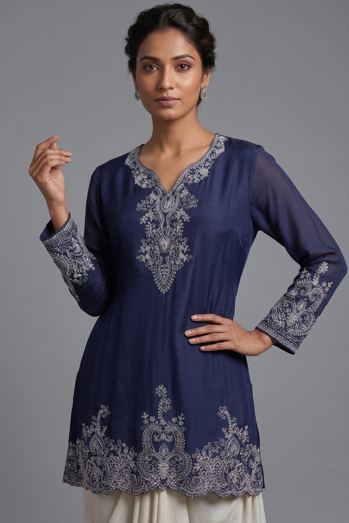 Close-up of silver hand-embroidery on the Blue Chinon Chiffon Sequin and Beaded Work Skirt Set