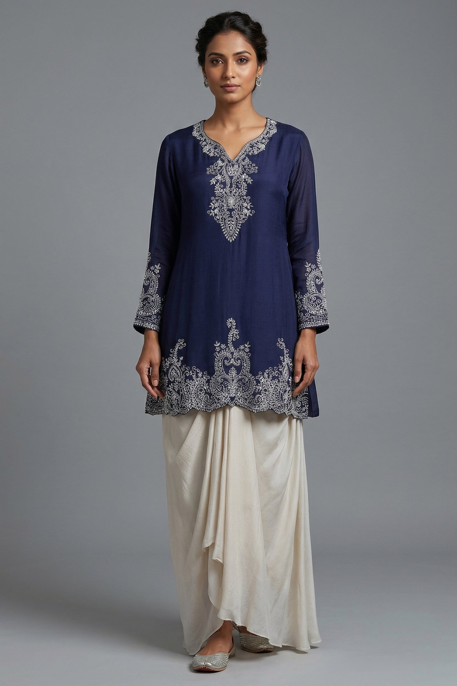 Blue Chinon Chiffon Sequin and Beaded Work Skirt Set - Front View Main image