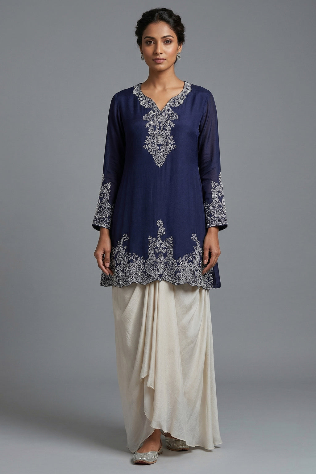 Blue Chinon Chiffon Sequin and Beaded Work Skirt Set - Front View