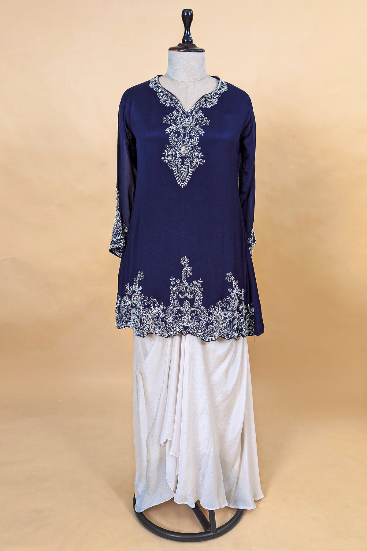 Blue Chinon Chiffon Sequin and Beaded Work Skirt Set featuring an off-white draped skirt