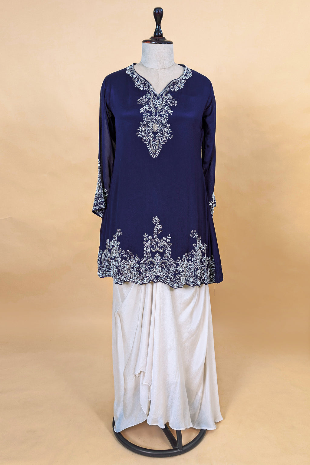 Blue Chinon Chiffon Sequin and Beaded Work Skirt Set featuring an off-white draped skirt