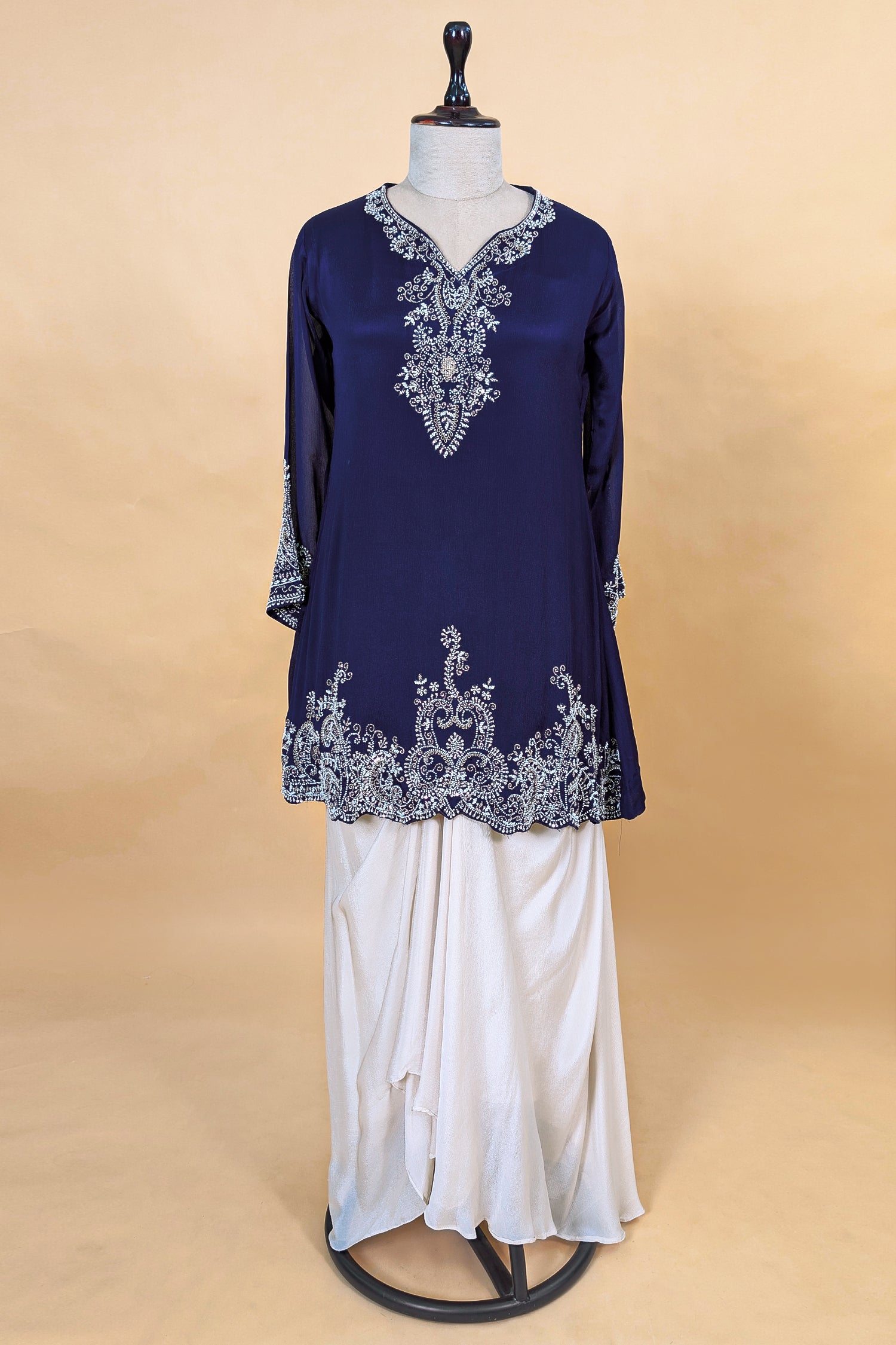 Blue Chinon Chiffon Sequin and Beaded Work Skirt Set featuring an off-white draped skirt