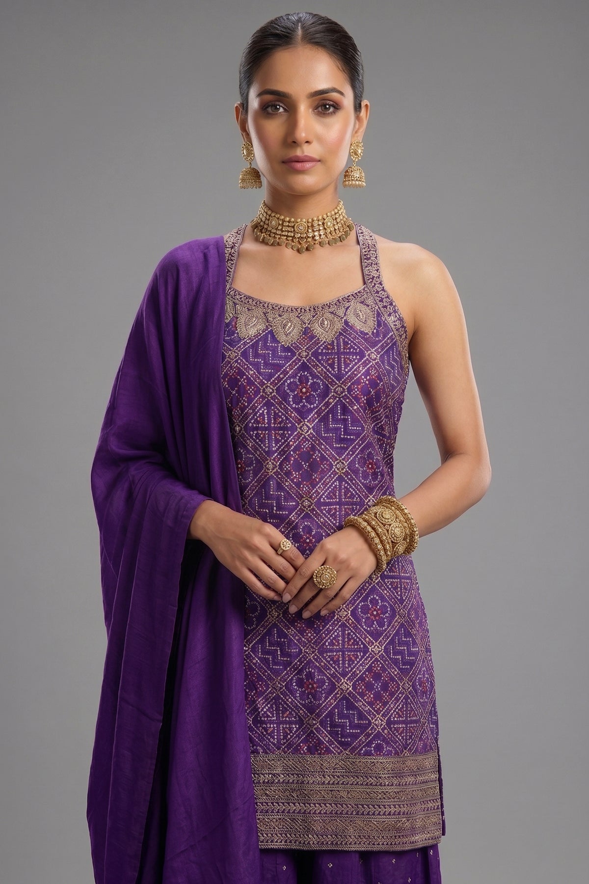 Purple Art Silk Printed Straight Cut Palazzo Suit - purple silk saree
