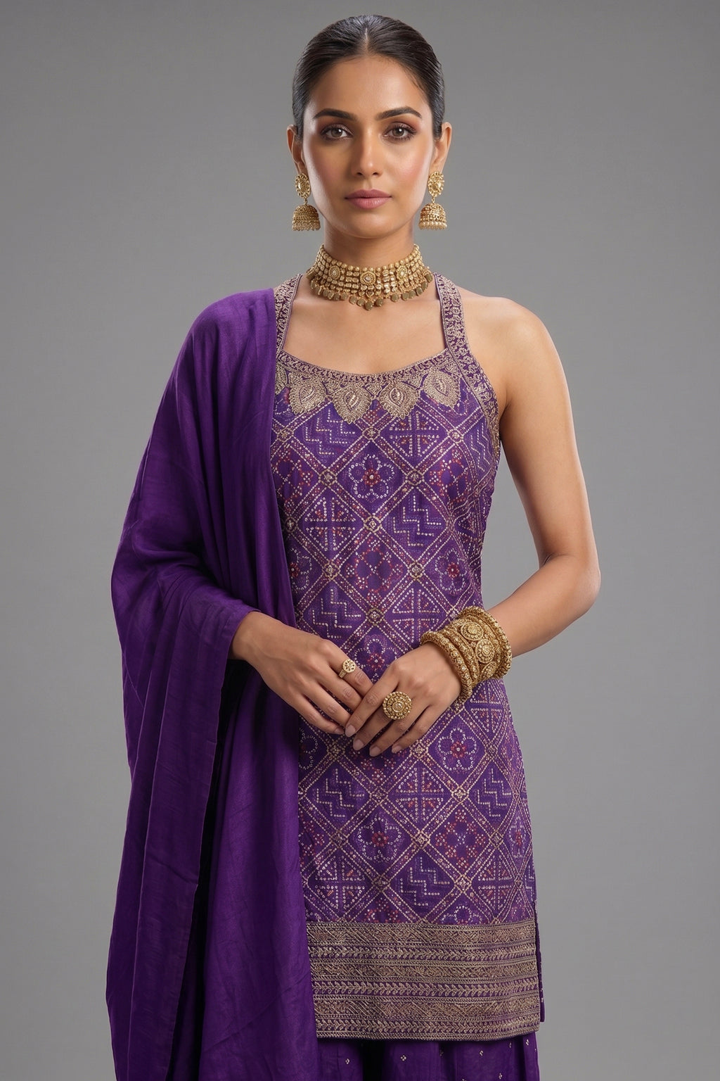 Purple Art Silk Printed Straight Cut Palazzo Suit - purple silk saree