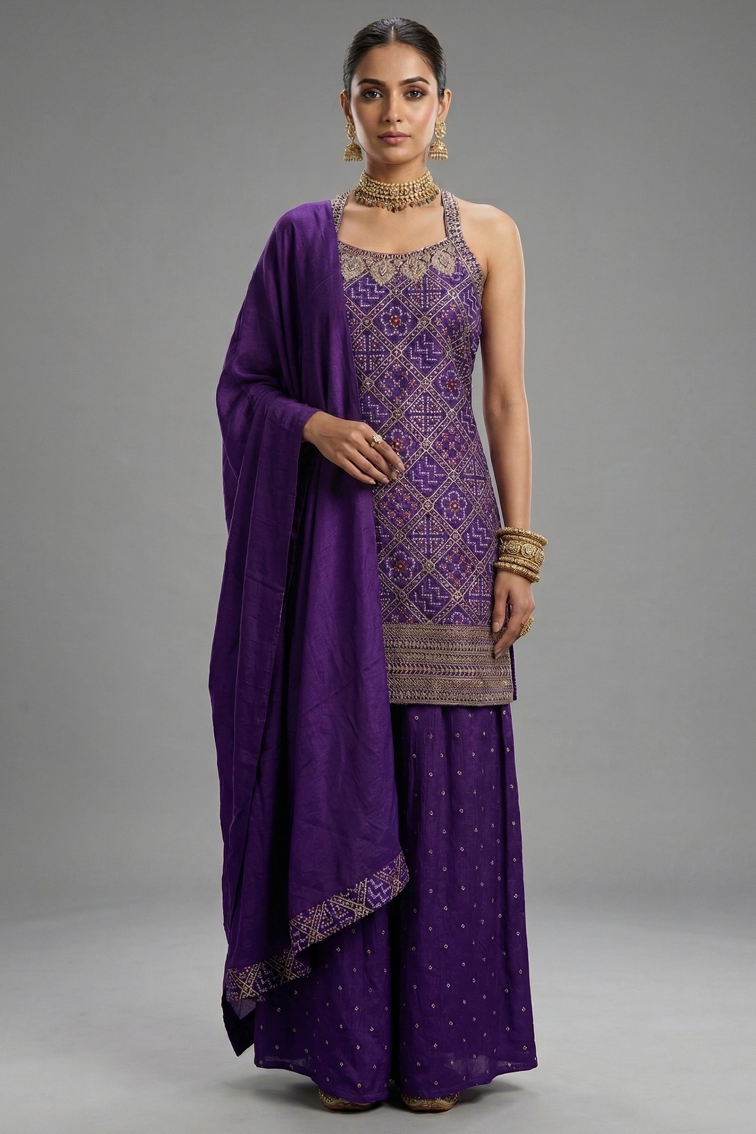 Purple Art Silk Printed Straight Cut Palazzo Suit - purple silk saree Main image