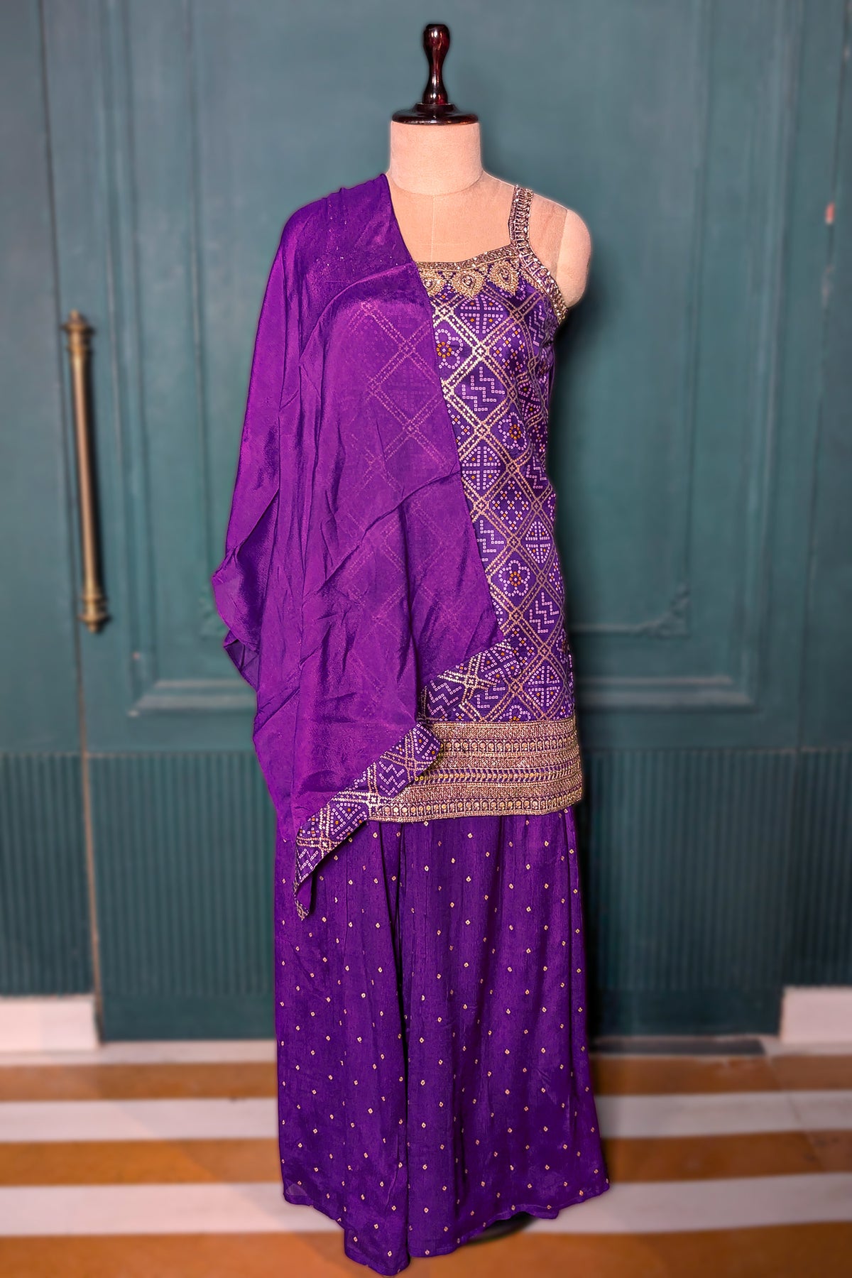 Purple Art Silk Printed Straight Cut Palazzo Suit - purple silk saree