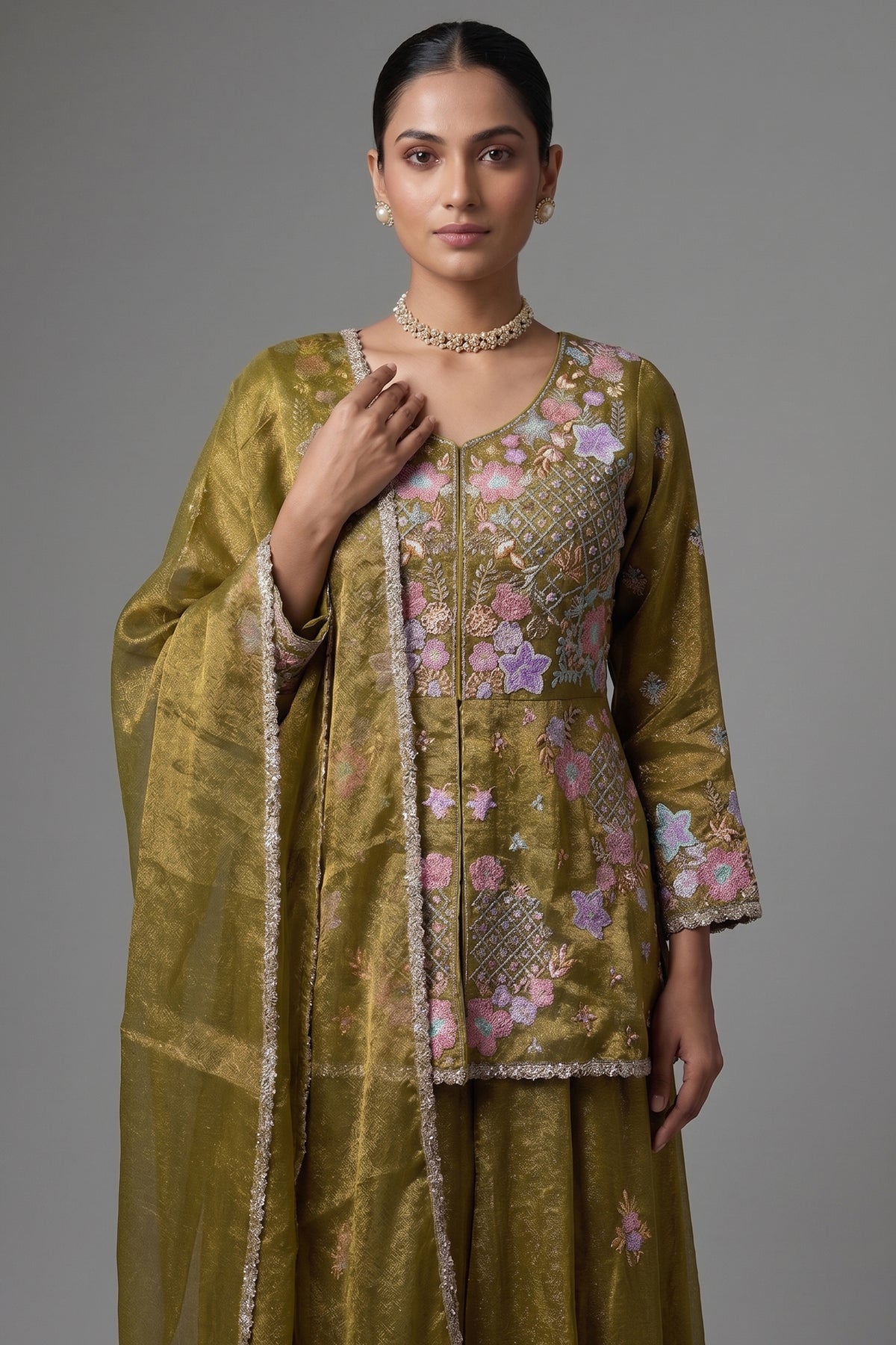 Olive Green Glass Tissue Floral Embroidered Peplum Style Palazzo Suit - red saree embroidered
