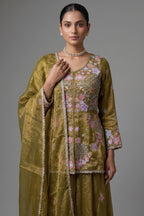 Olive Green Glass Tissue Floral Embroidered Peplum Style Palazzo Suit - red saree embroidered