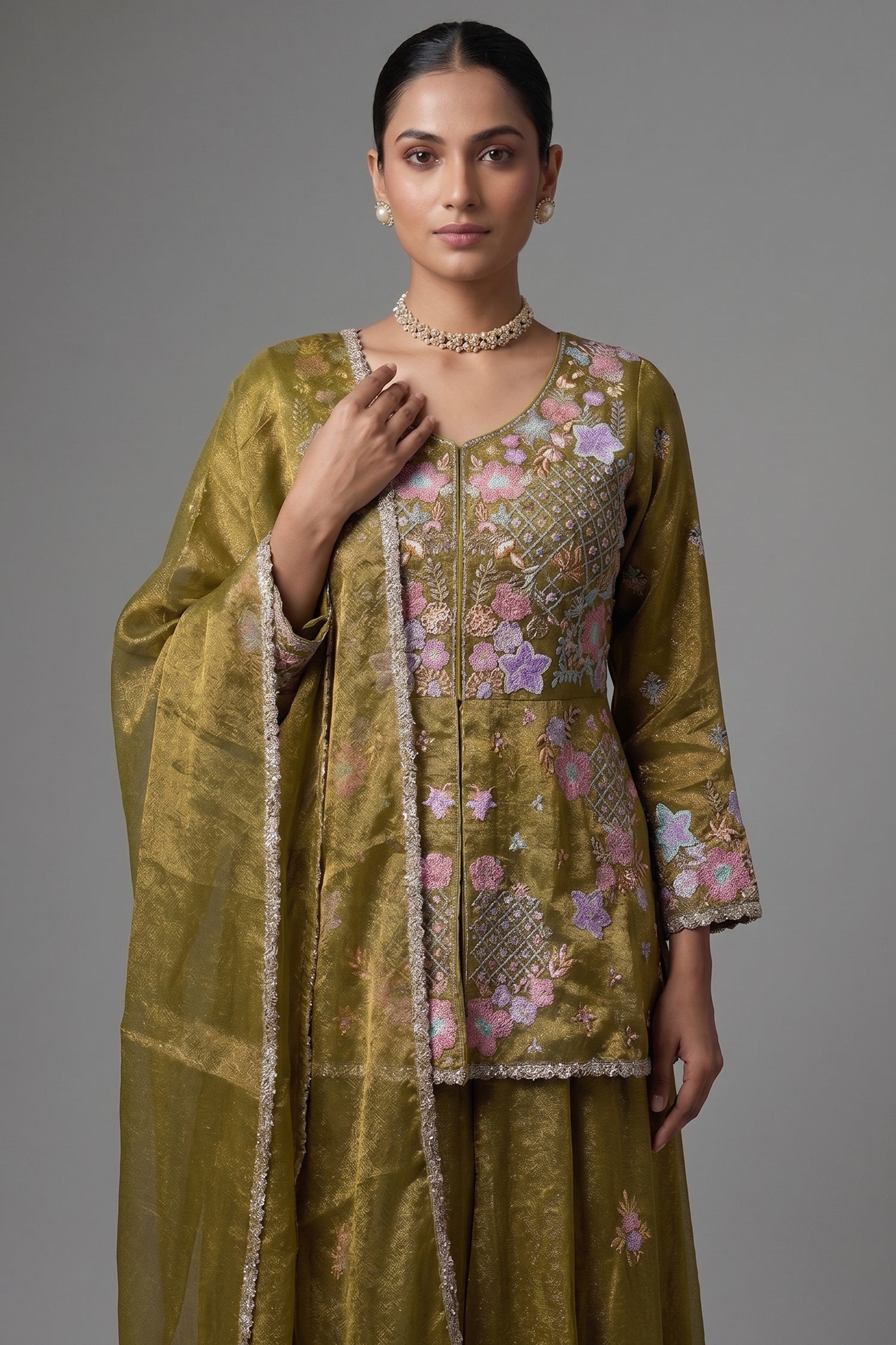 Olive Green Glass Tissue Floral Embroidered Peplum Style Palazzo Suit - red saree embroidered