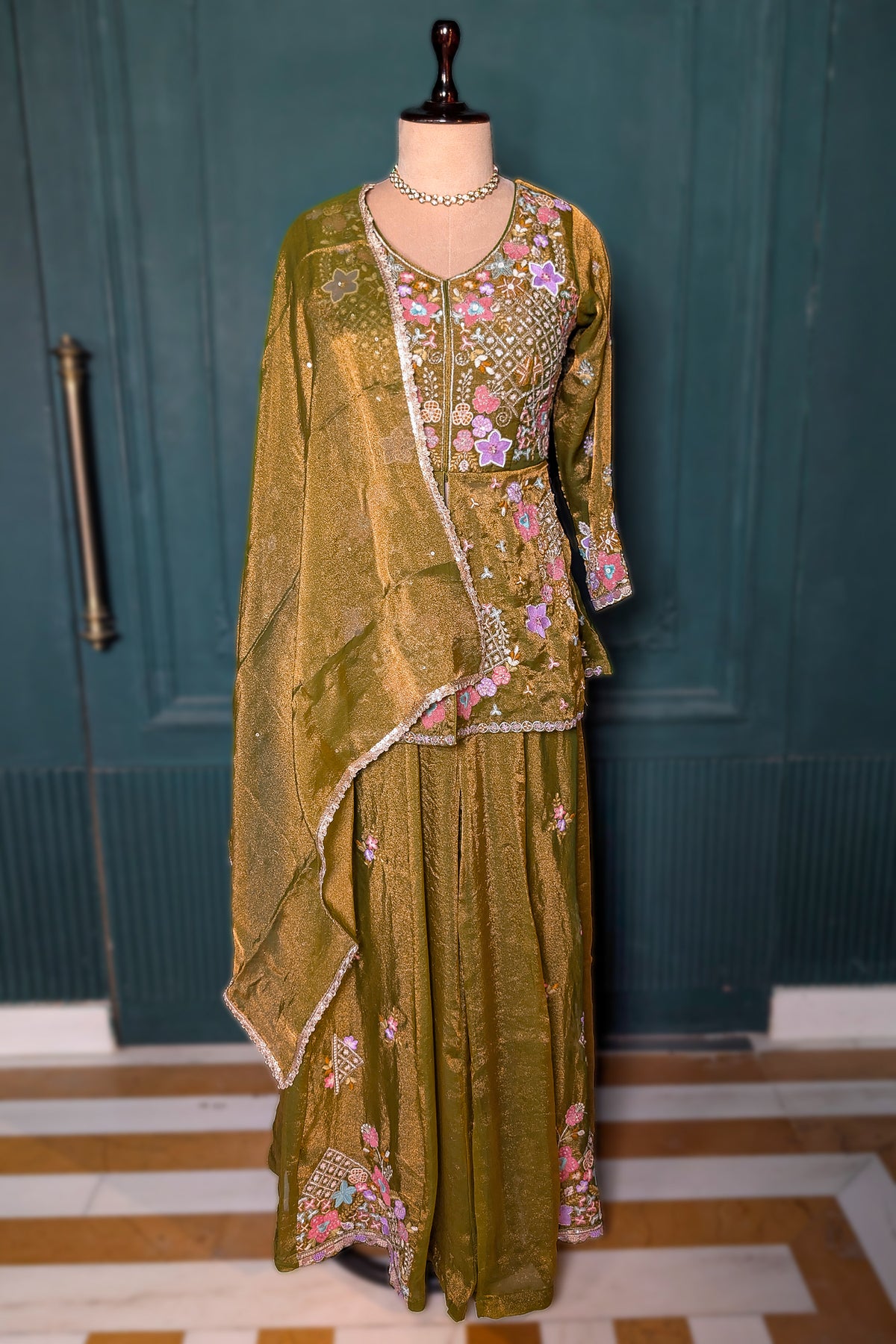 Olive Green Glass Tissue Floral Embroidered Peplum Style Palazzo Suit - red saree embroidered