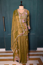 Olive Green Glass Tissue Floral Embroidered Peplum Style Palazzo Suit - red saree embroidered