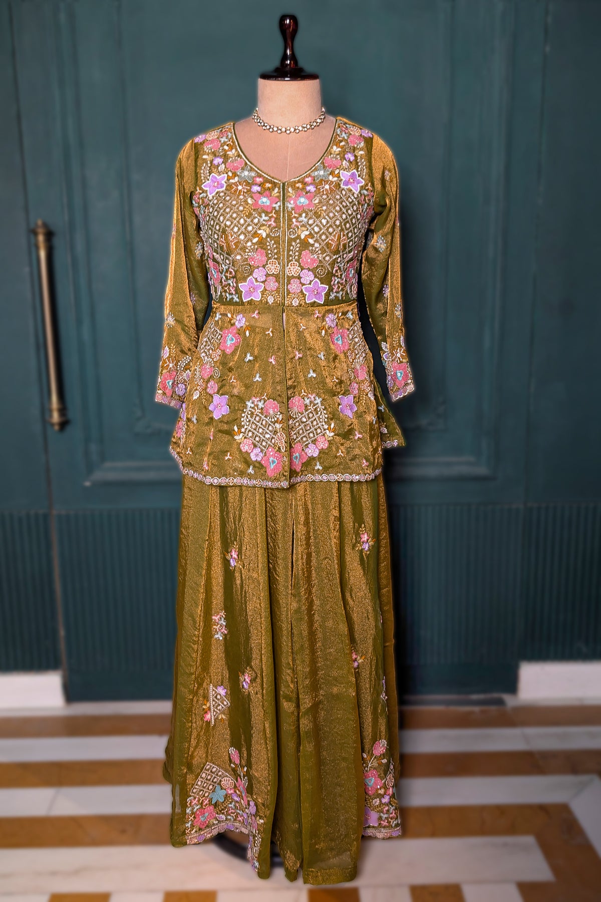 Olive Green Glass Tissue Floral Embroidered Peplum Style Palazzo Suit - red saree embroidered