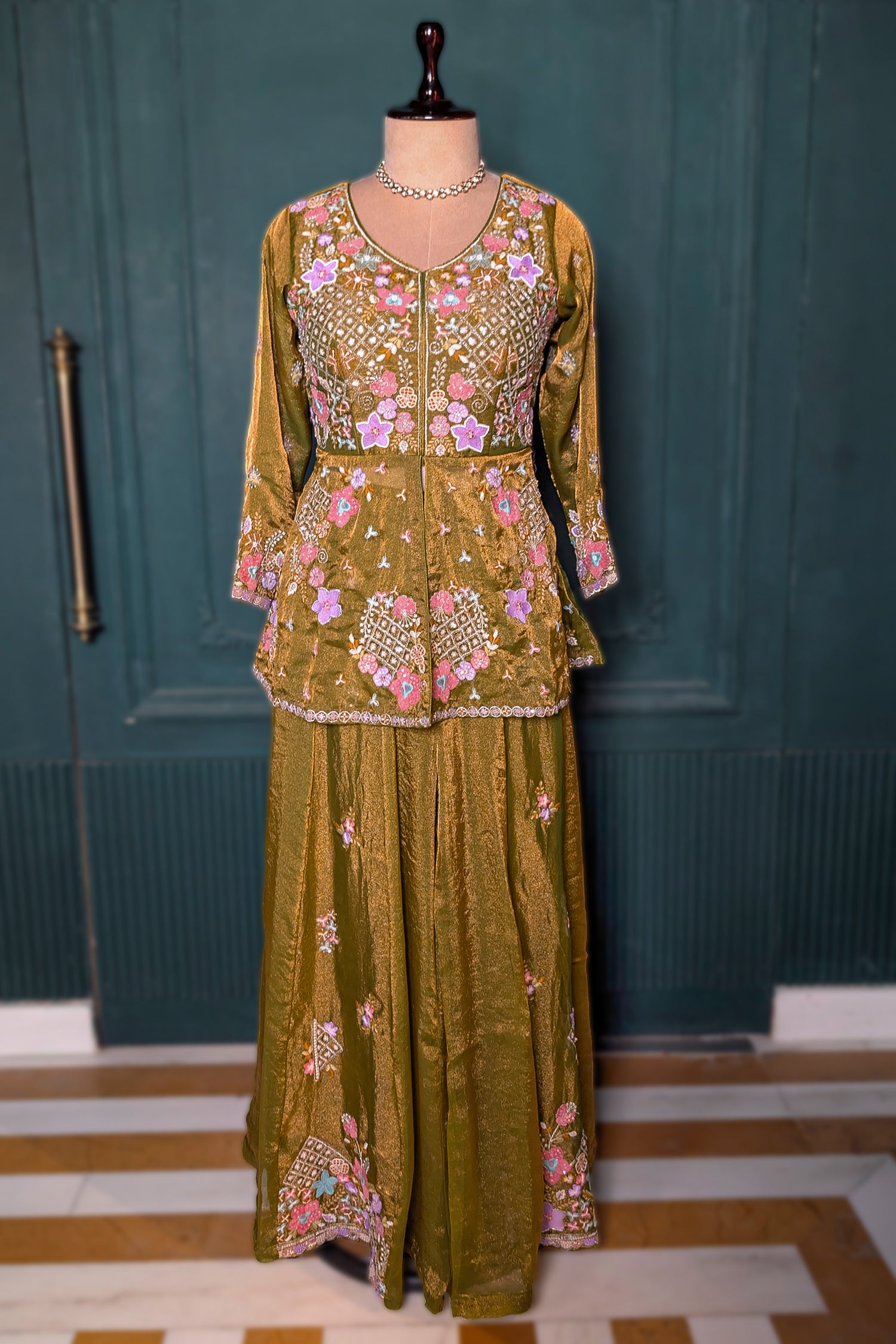 Olive Green Glass Tissue Floral Embroidered Peplum Style Palazzo Suit - red saree embroidered