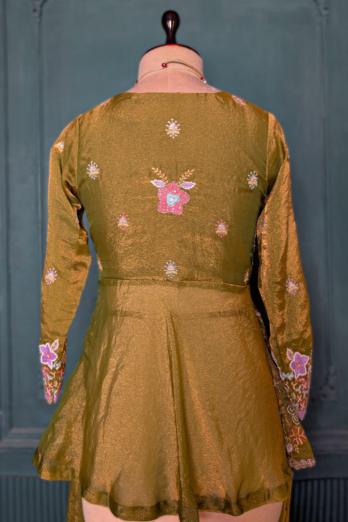 Olive Green Glass Tissue Floral Embroidered Peplum Style Palazzo Suit - red saree embroidered