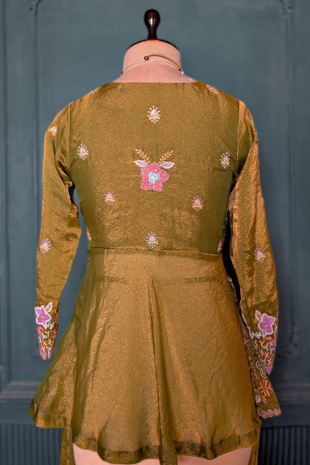 Olive Green Glass Tissue Floral Embroidered Peplum Style Palazzo Suit - red saree embroidered