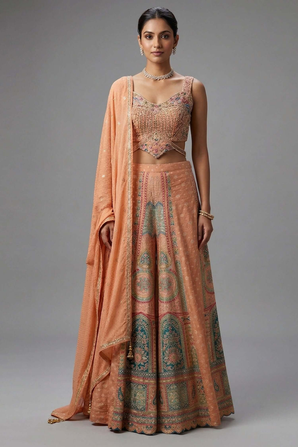 Light Peach Art Silk Embroidered Crop Top Palazzo Set - red silk saree embroidered