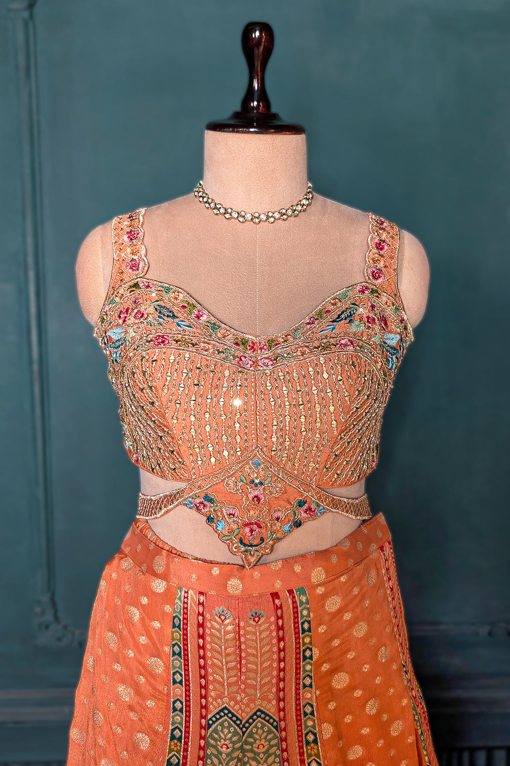 Light Peach Art Silk Embroidered Crop Top Palazzo Set - red silk saree embroidered