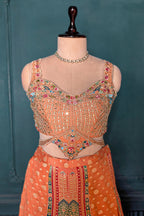 Light Peach Art Silk Embroidered Crop Top Palazzo Set - red silk saree embroidered