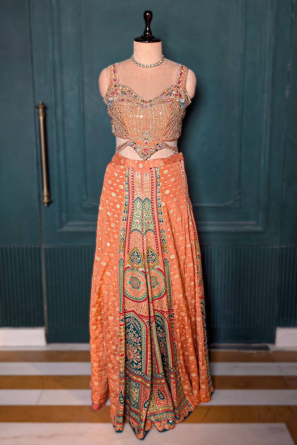 Light Peach Art Silk Embroidered Crop Top Palazzo Set - red silk saree embroidered