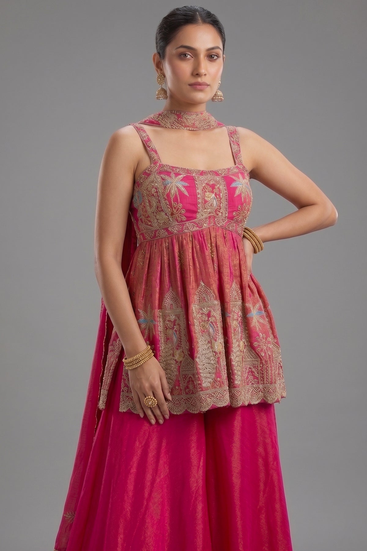 Rani Pink Tissue Silk Cutdana Beaded Peplum Set with Embroidery - pink silk saree embroidery
