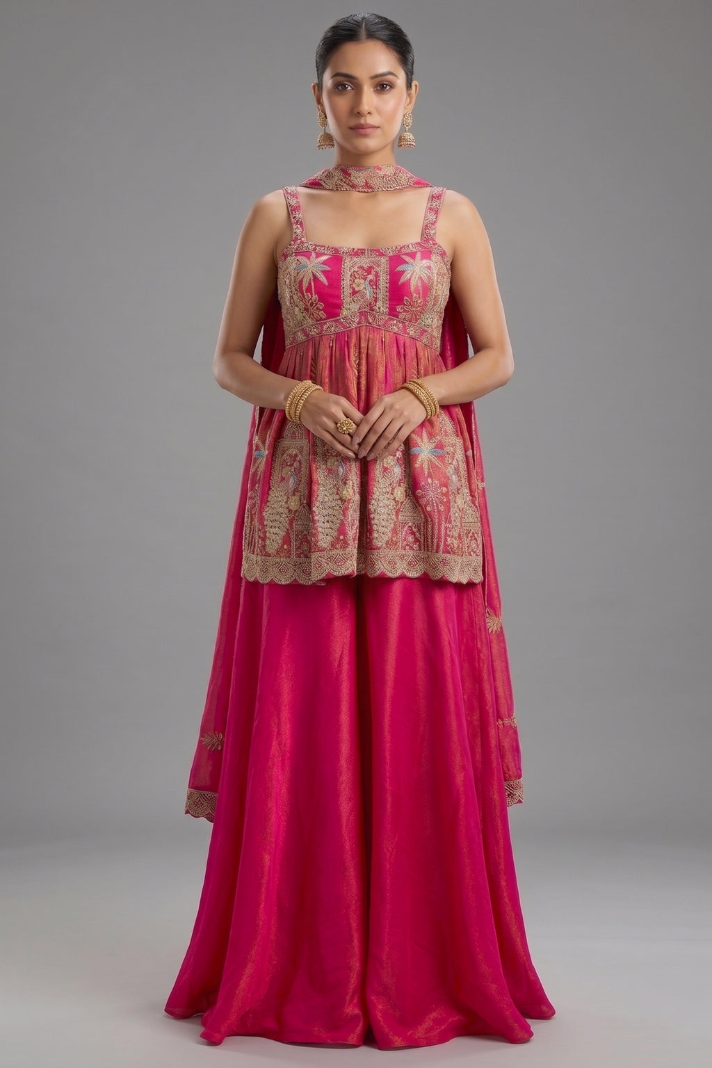 Rani Pink Tissue Silk Cutdana Beaded Peplum Set with Embroidery - pink silk saree embroidery