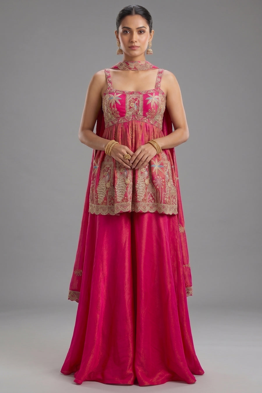 Rani Pink Tissue Silk Cutdana Beaded Peplum Set with Embroidery - pink silk saree embroidery