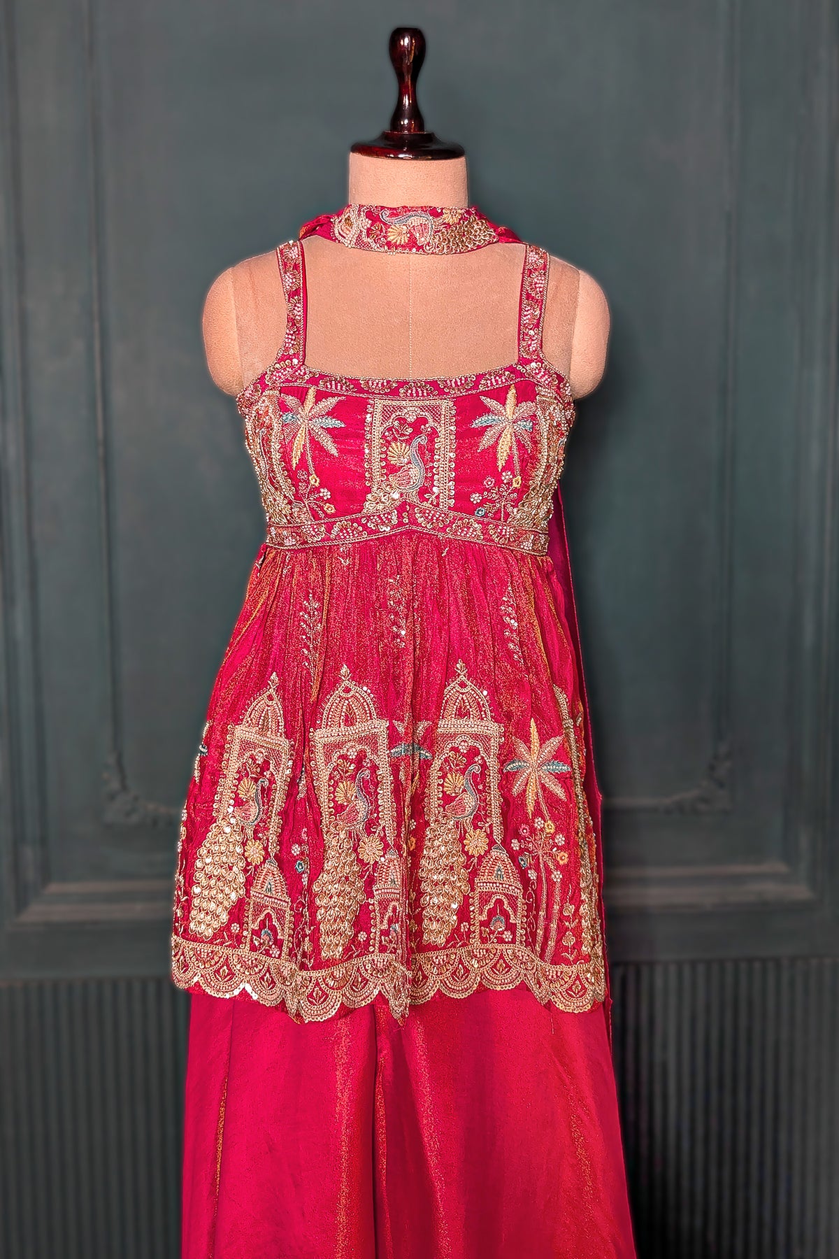 Rani Pink Tissue Silk Cutdana Beaded Peplum Set with Embroidery - pink silk saree embroidery