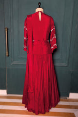 Red Chinon Silk Cutdana Beaded Peplum Skirt Set with Attached Dupatta
