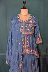 Light Blue Chinon Silk Embroidered Slit Peplum Lehenga Set