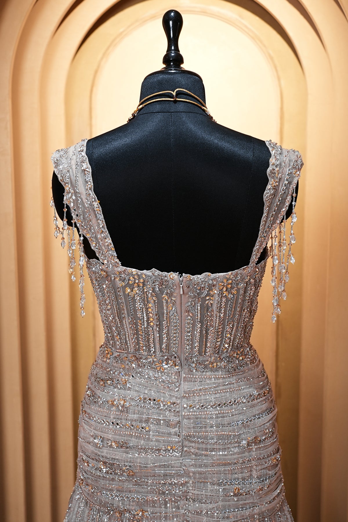 Grayish-Taupe Couture Heavily Hand-Embroidered Evening Gown