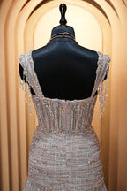 Grayish-Taupe Couture Heavily Hand-Embroidered Evening Gown