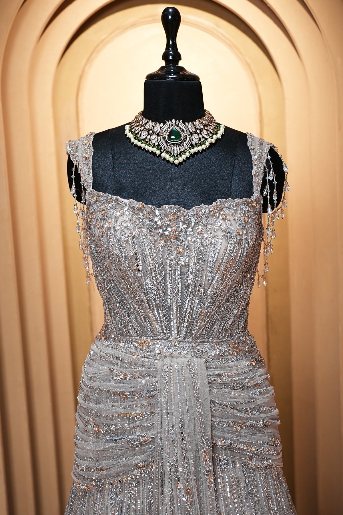 Grayish-Taupe Couture Heavily Hand-Embroidered Evening Gown