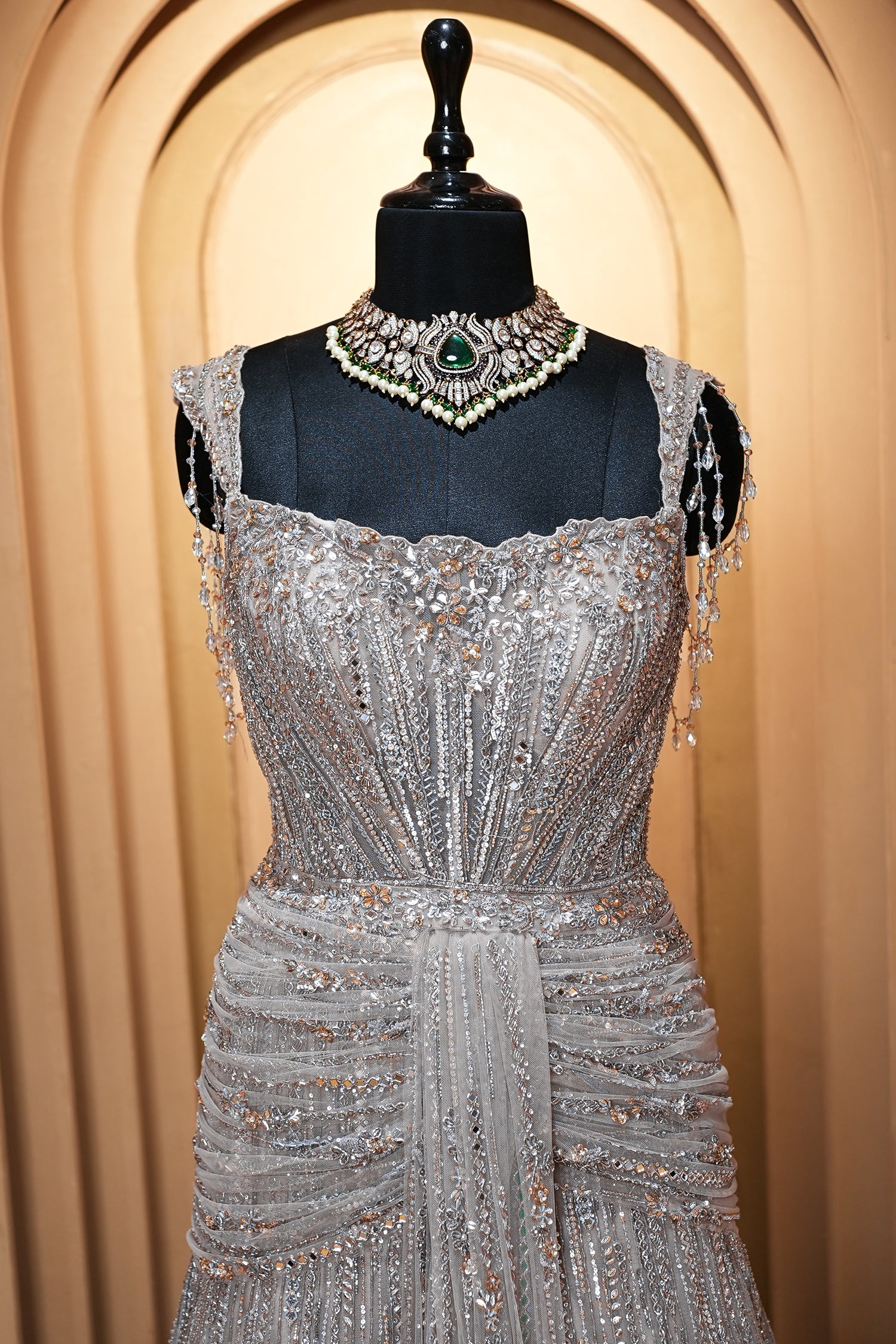 Grayish-Taupe Couture Heavily Hand-Embroidered Evening Gown