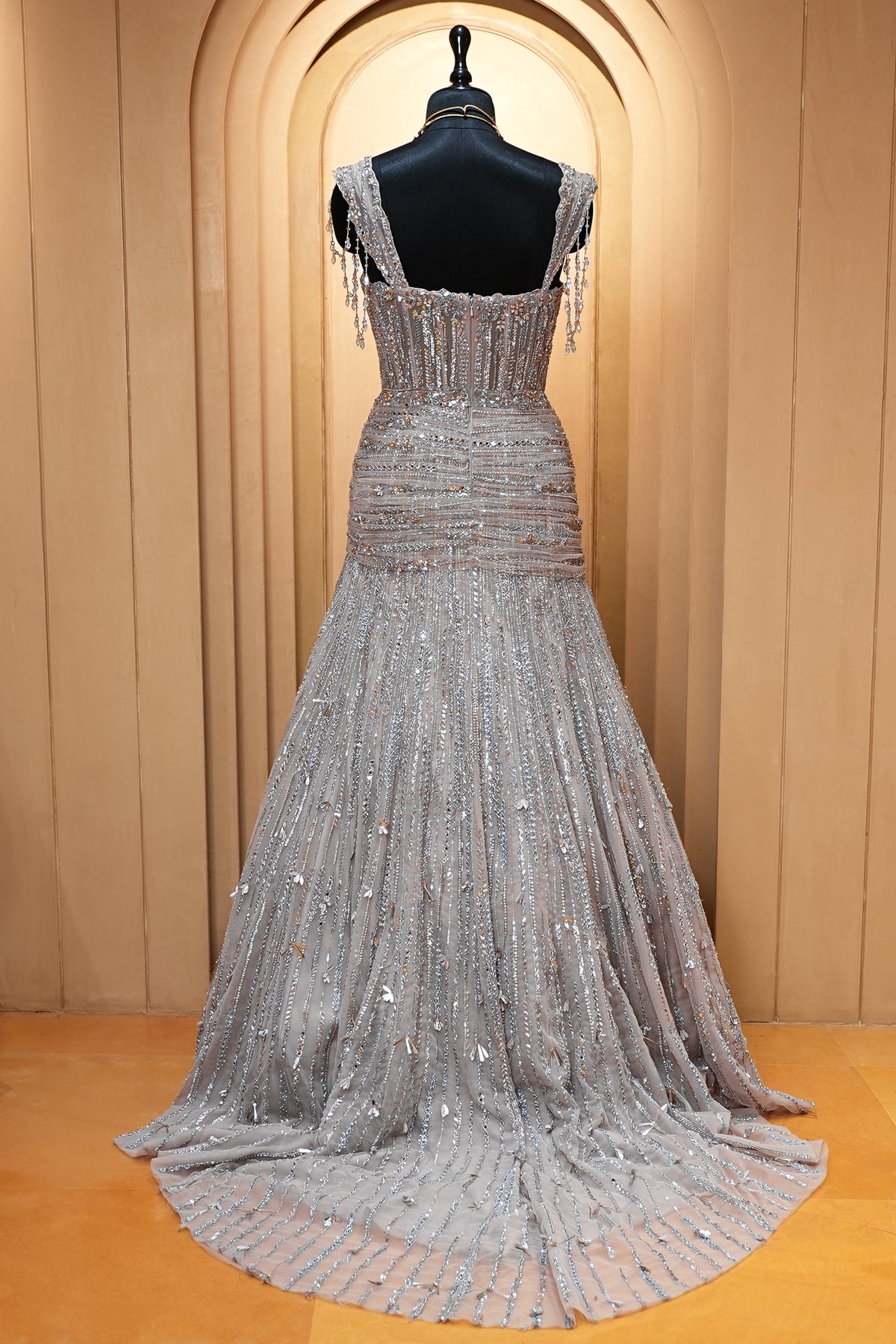 Grayish-Taupe Couture Heavily Hand-Embroidered Evening Gown