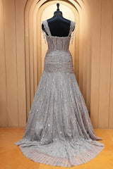 Grayish-Taupe Couture Heavily Hand-Embroidered Evening Gown