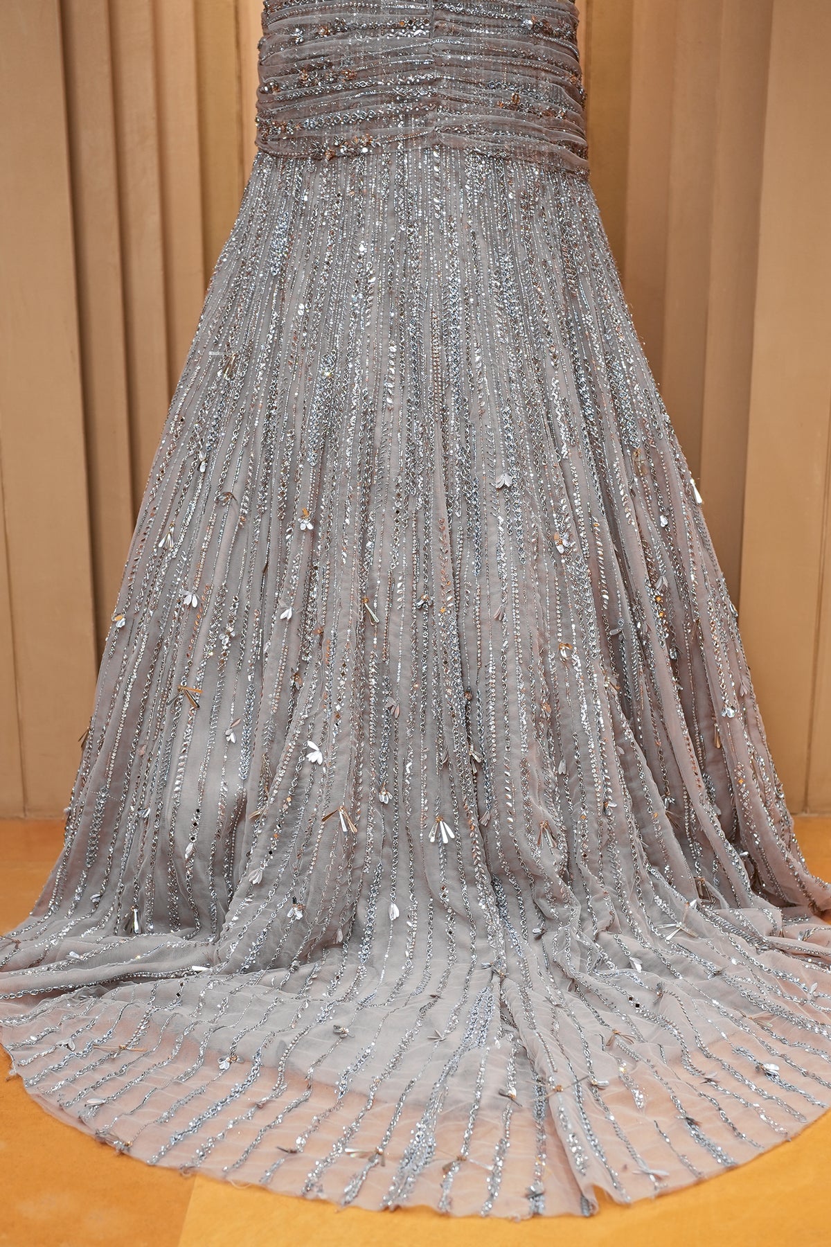 Grayish-Taupe Couture Heavily Hand-Embroidered Evening Gown