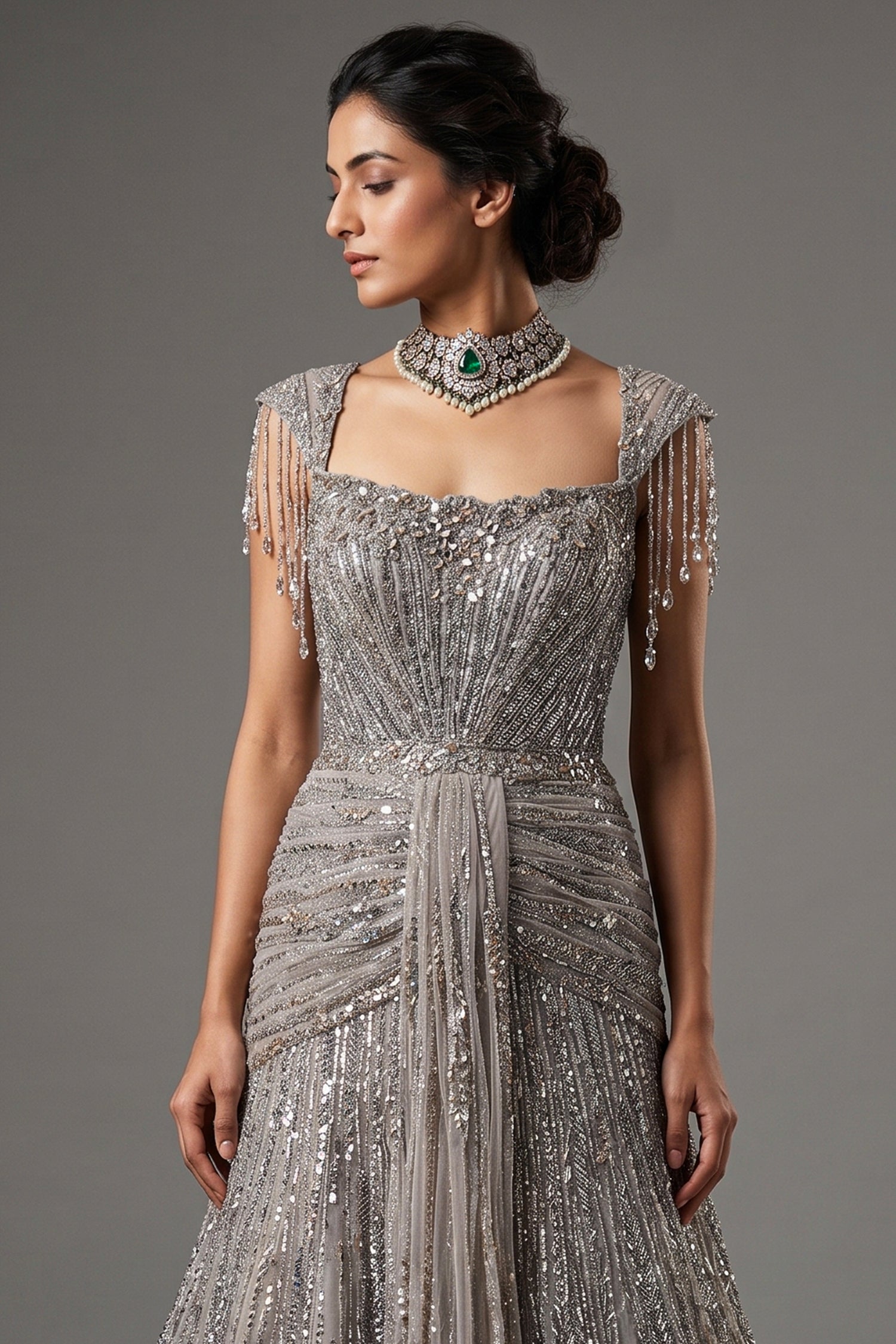 Grayish-Taupe Couture Heavily Hand-Embroidered Evening Gown Secondary image