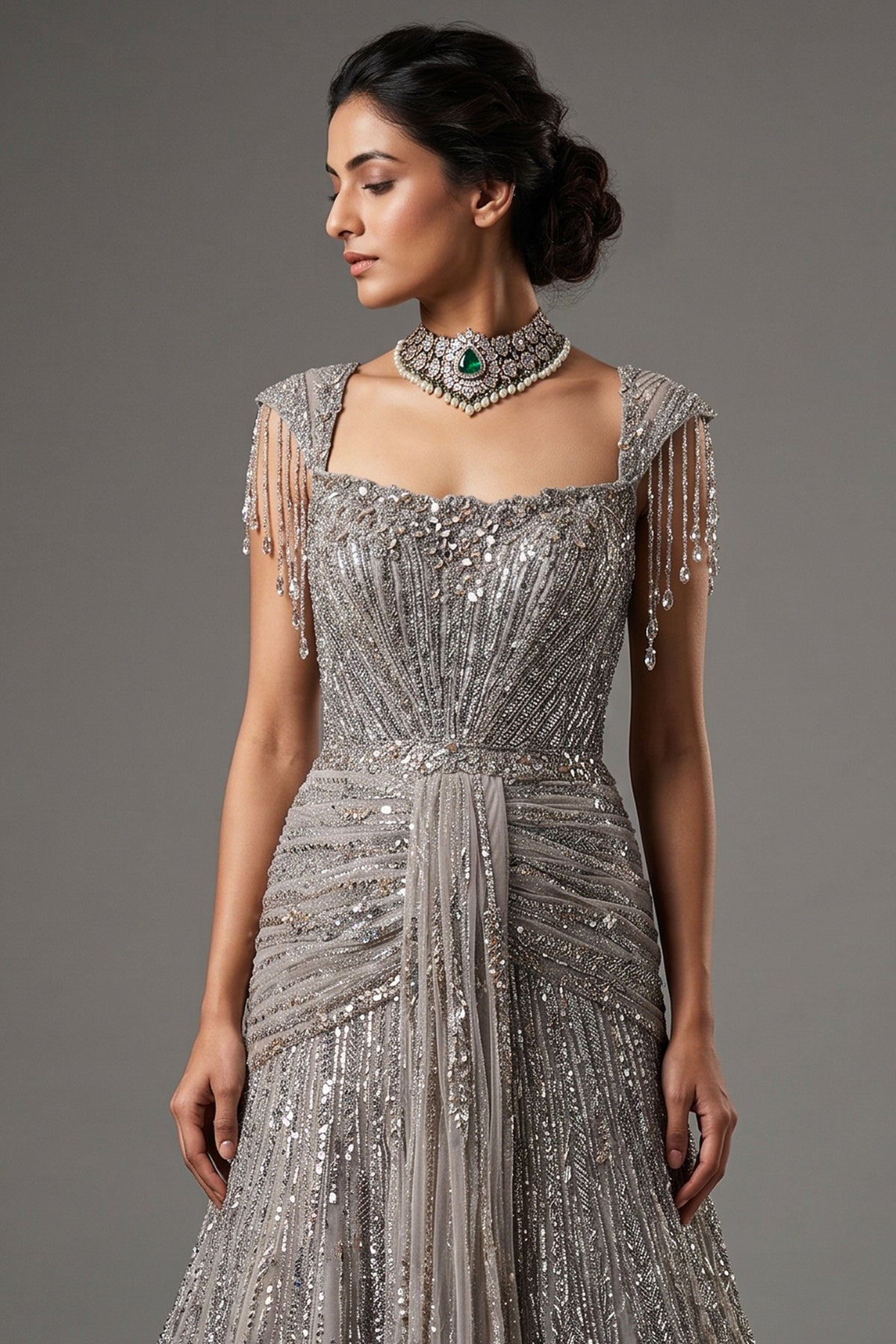 Grayish-Taupe Couture Heavily Hand-Embroidered Evening Gown