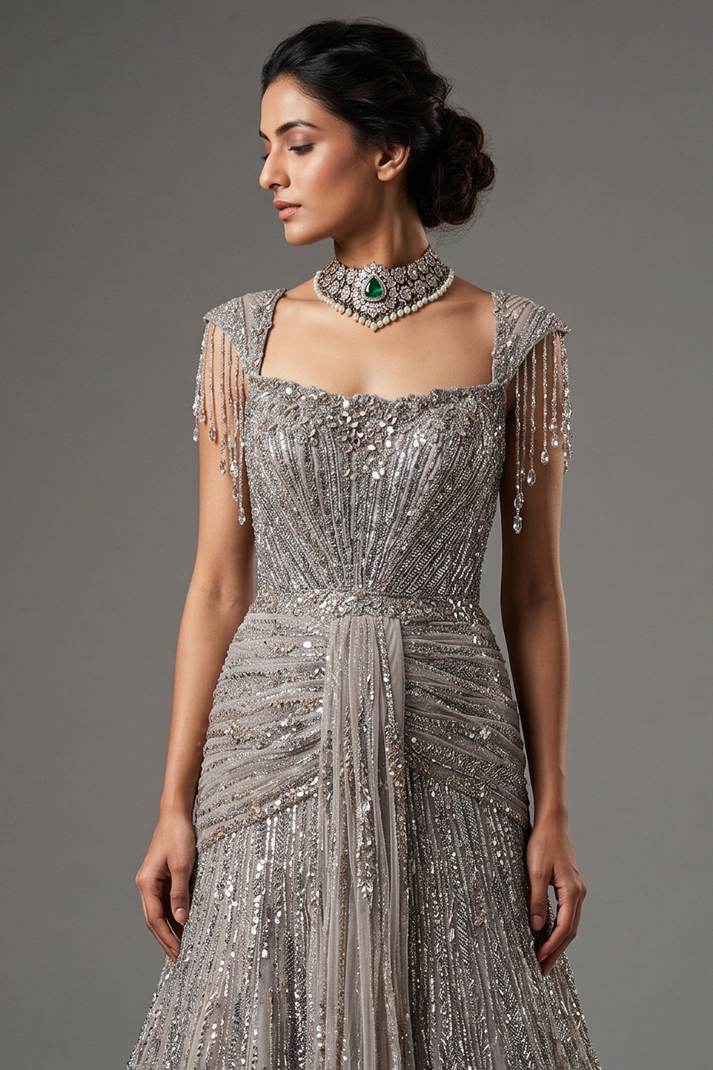 Grayish-Taupe Couture Heavily Hand-Embroidered Evening Gown