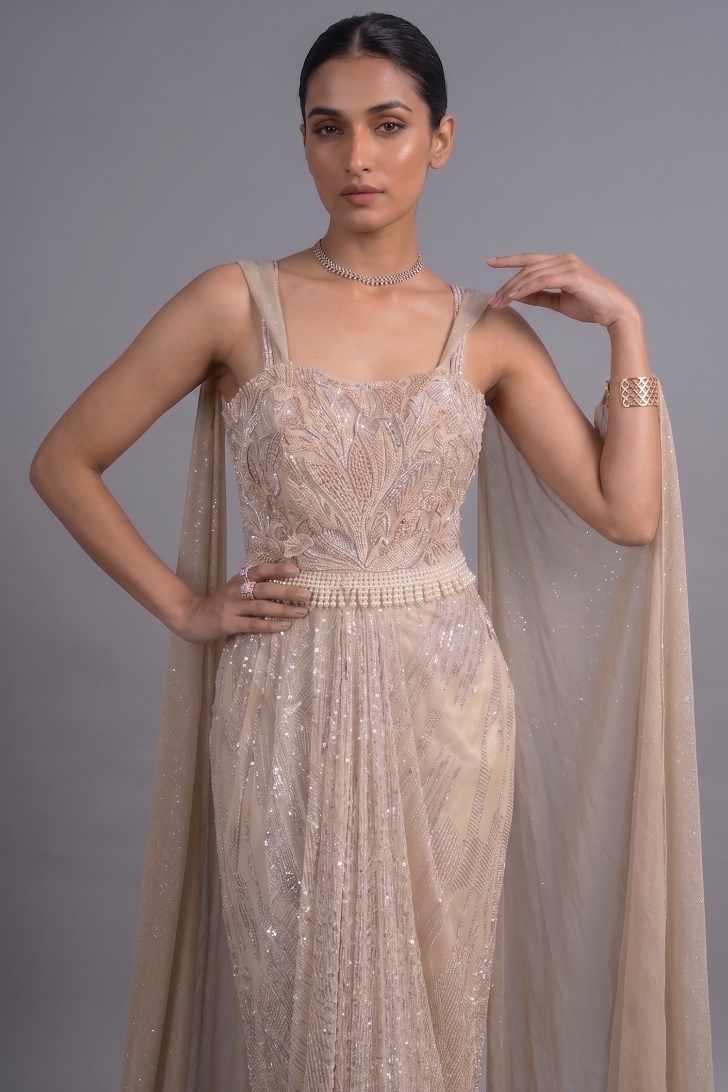 Champagne Beige Premium Net Hand-Embroidered Couture Gown with Watteau Trail Cape Secondary image