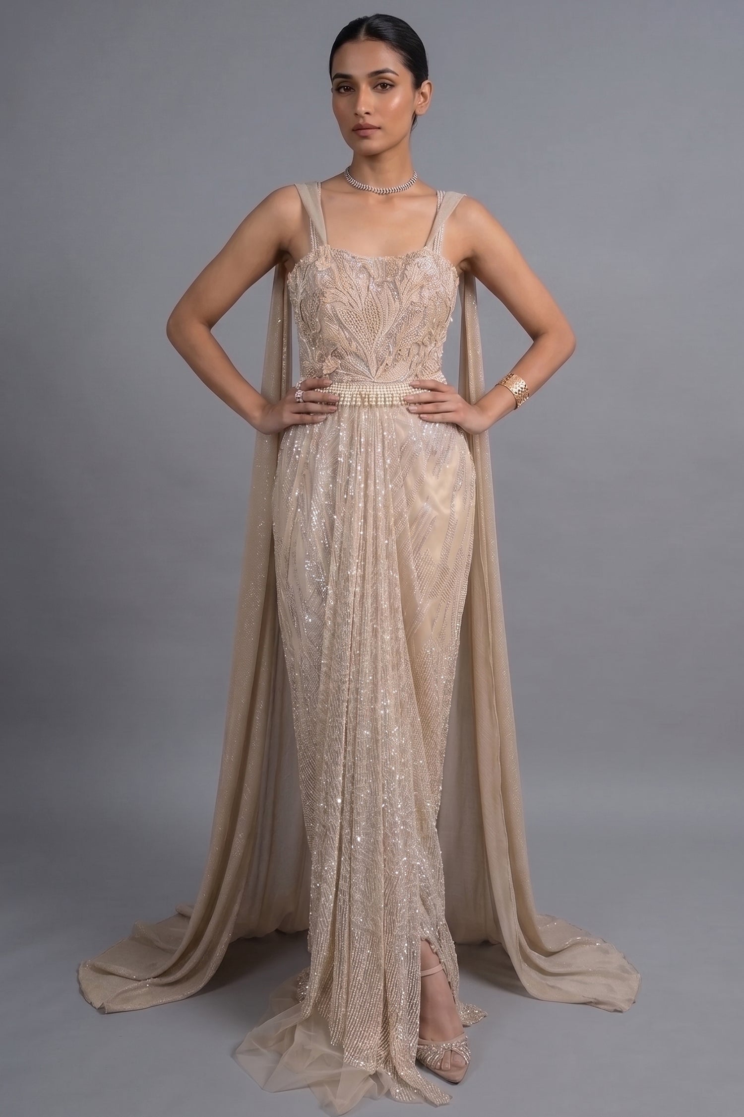 Champagne Beige Premium Net Hand-Embroidered Couture Gown with Watteau Trail Cape Main image