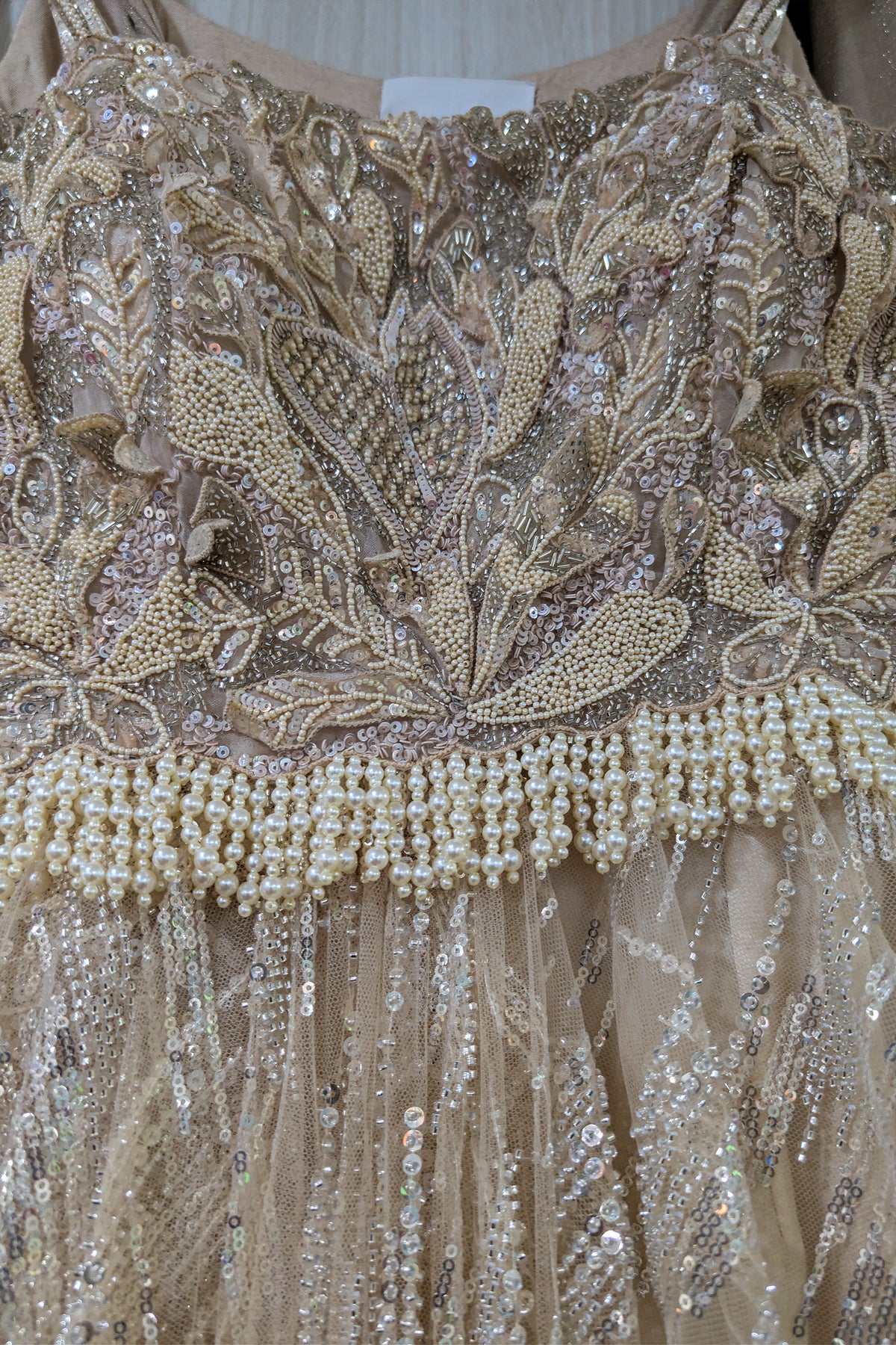 Champagne Beige Premium Net Hand-Embroidered Couture Gown with Watteau Trail Cape
