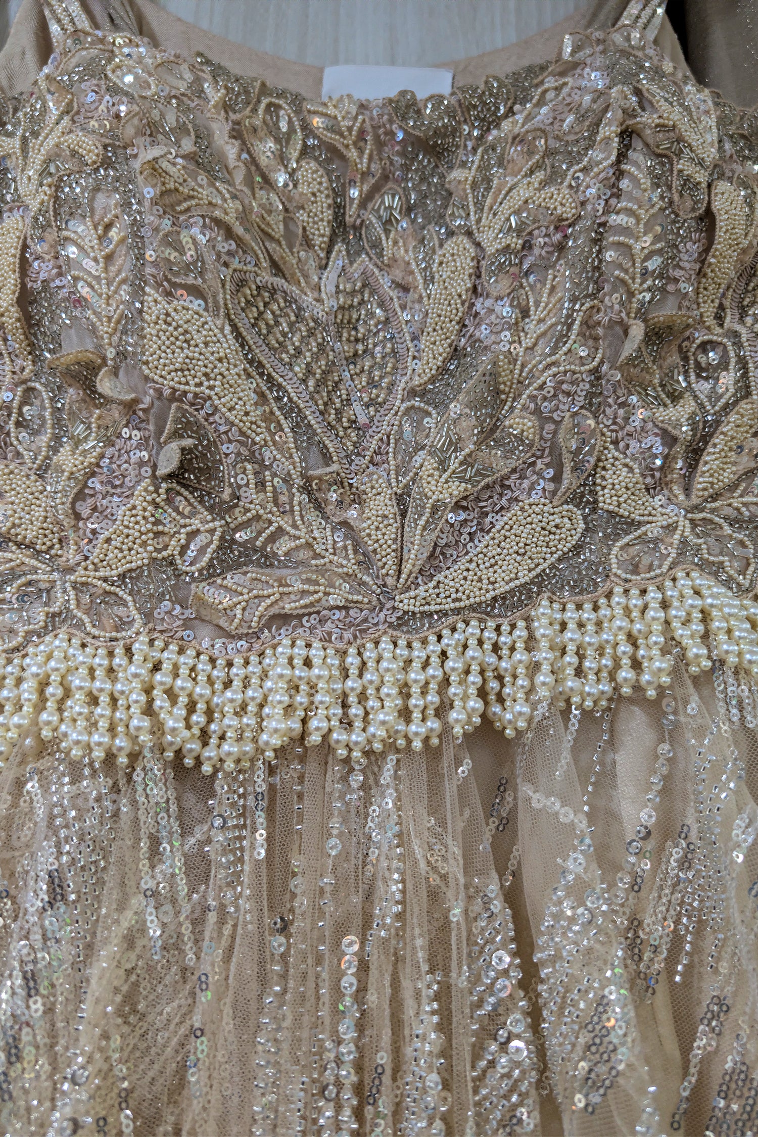 Champagne Beige Premium Net Hand-Embroidered Couture Gown with Watteau Trail Cape