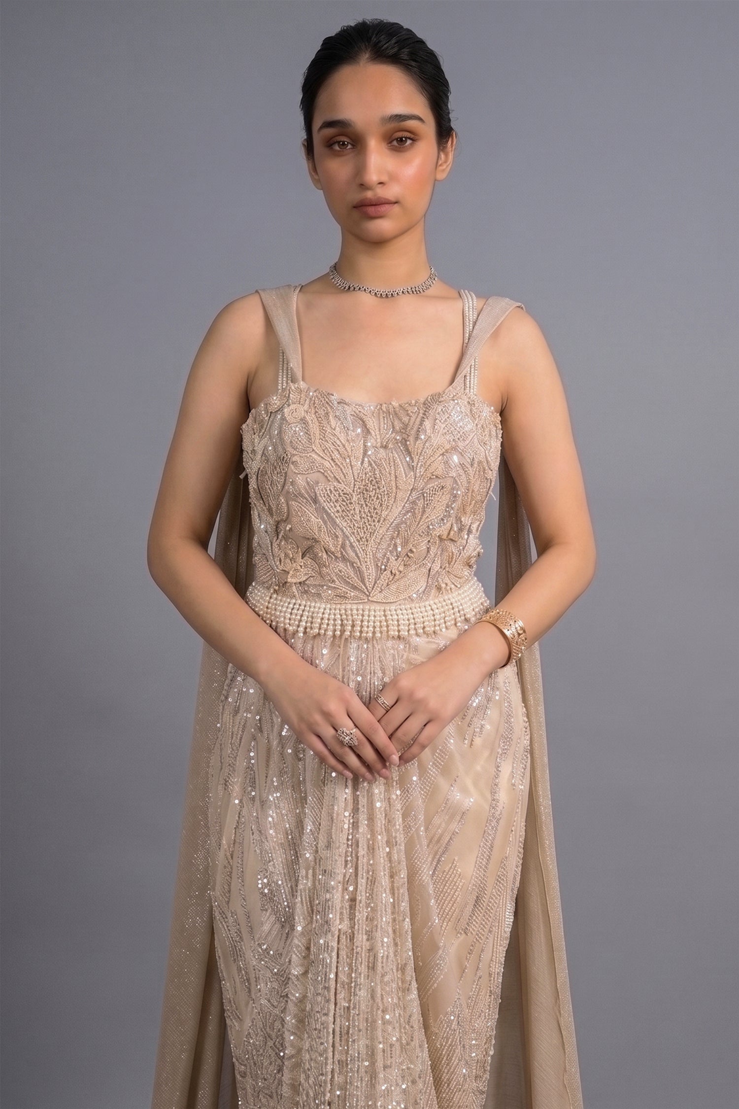 Champagne Beige Premium Net Hand-Embroidered Couture Gown with Watteau Trail Cape Secondary image