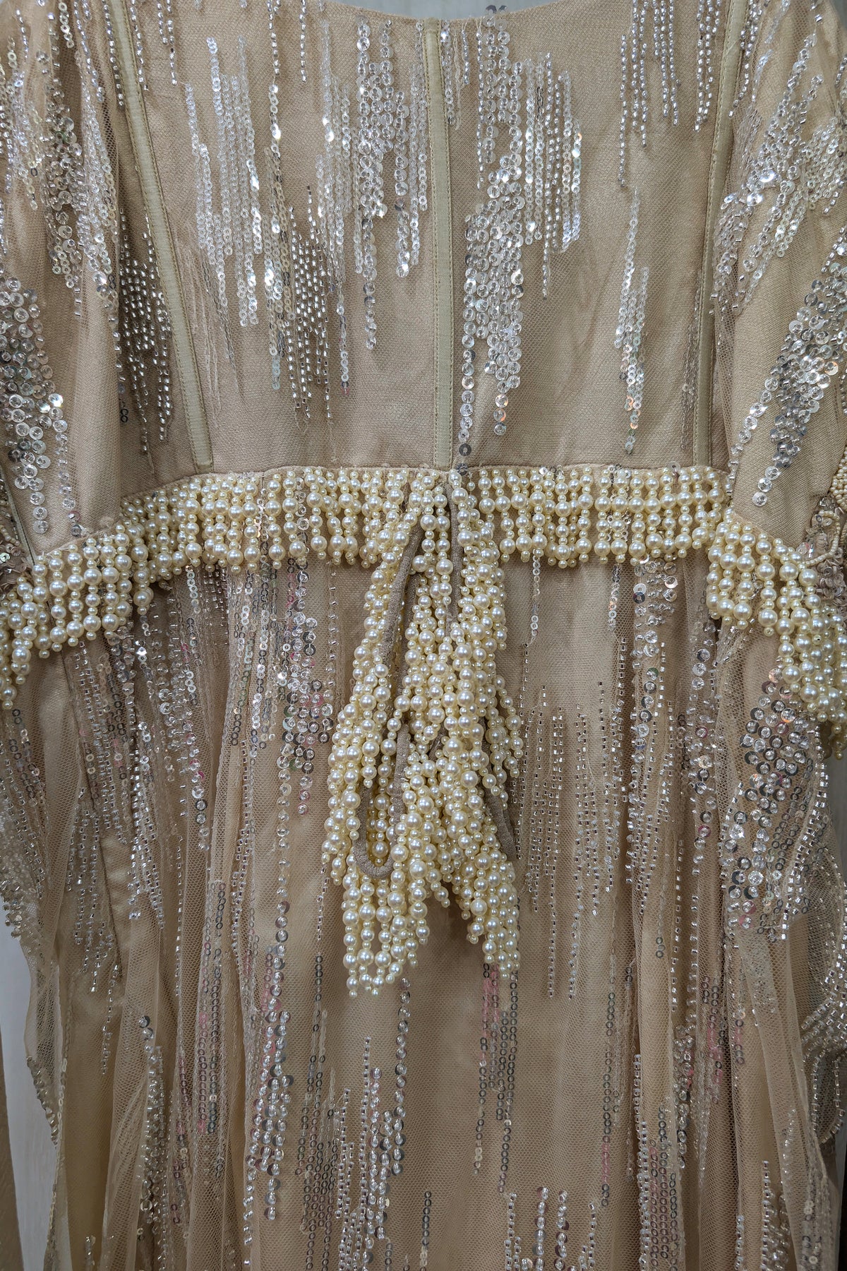 Champagne Beige Premium Net Hand-Embroidered Couture Gown with Watteau Trail Cape